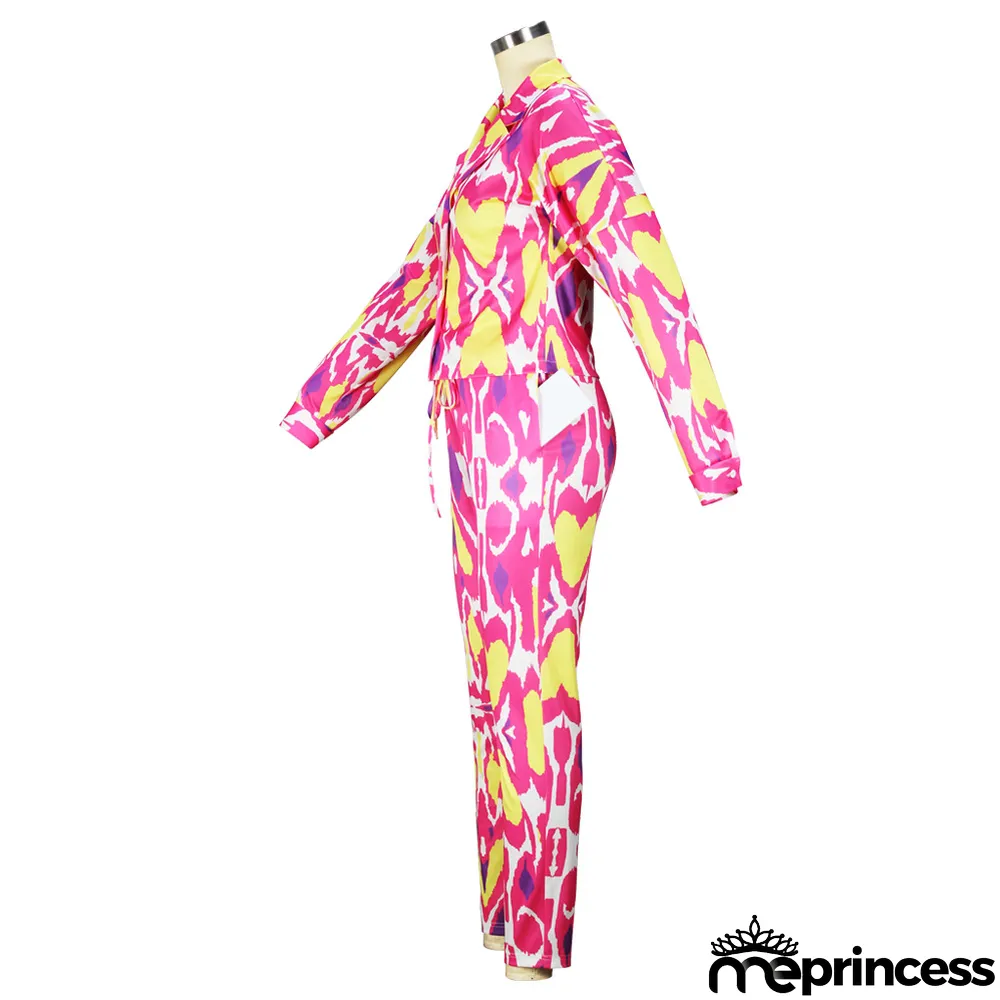 Spring/Summer Knotted Crop Print Turndown Collar Shirt Pants Suit Fall/Winter Women's Two Piece Set