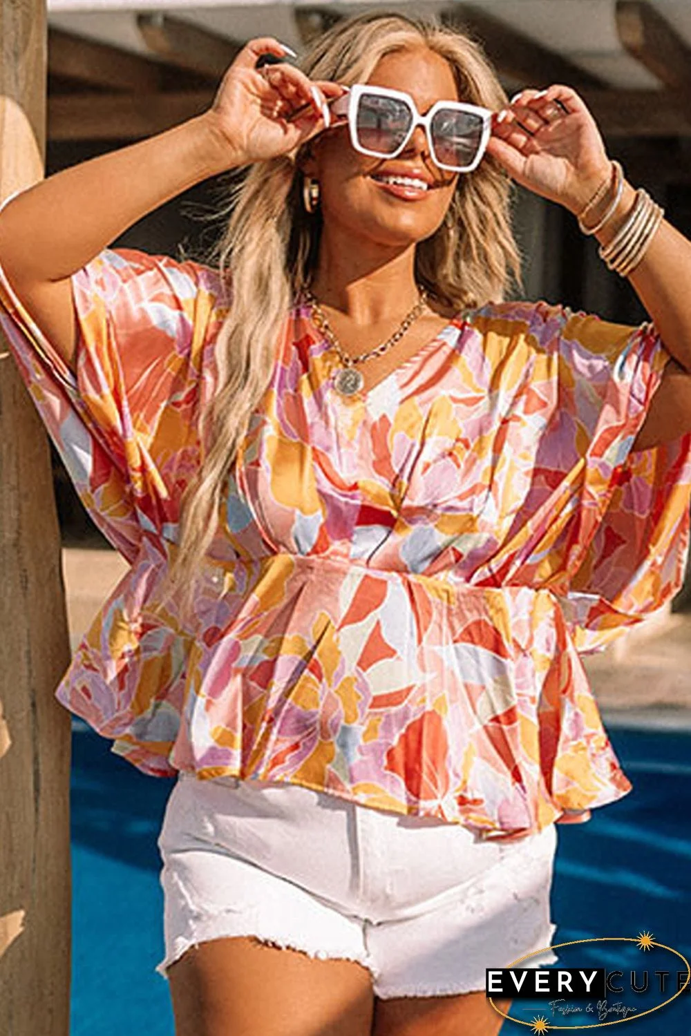 Orange Plus Size Floral Print V Neck Peplum Blouse