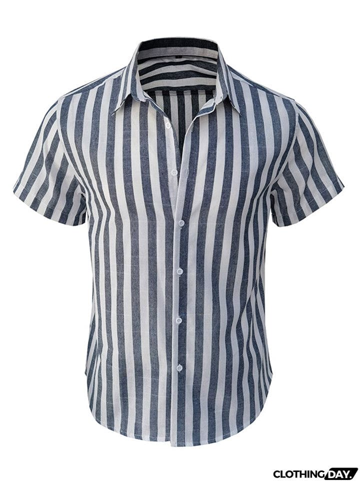 Men's Summer Classic Stripe Lapel Short Sleeve Button Beach Shirts