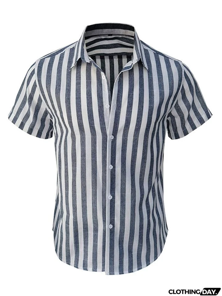 Men's Summer Classic Stripe Lapel Short Sleeve Button Beach Shirts