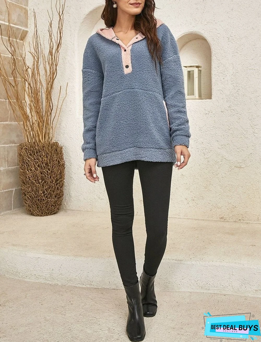 Ladies Color Block Teddy Wool Long-sleeved Patch Pocket Sweater