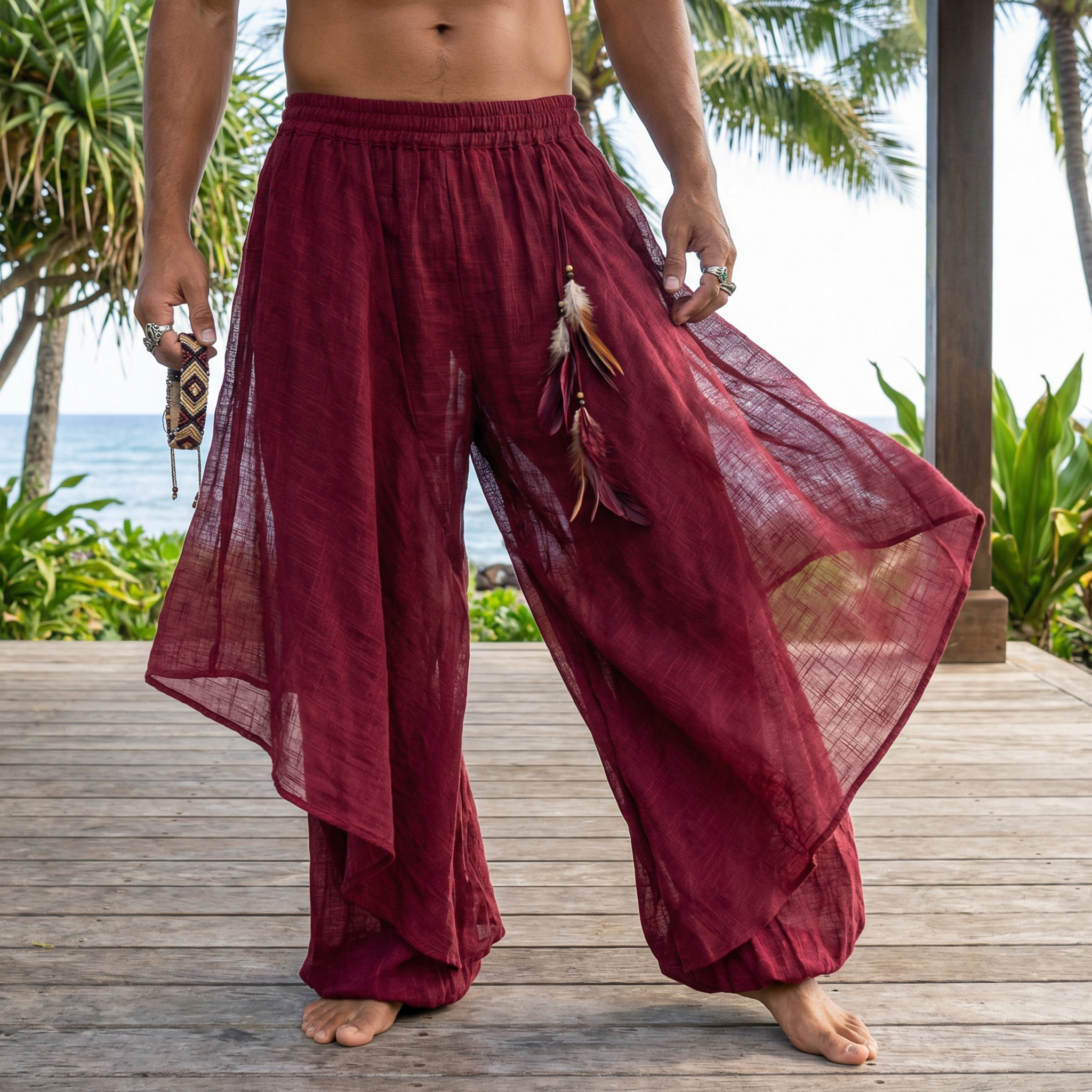 thesupersurf Men's Loose-fitting, Multi-layered, Feather-trimmed, Ethnic-style Linen Trousers For Beach Holidays And Leisure. 
