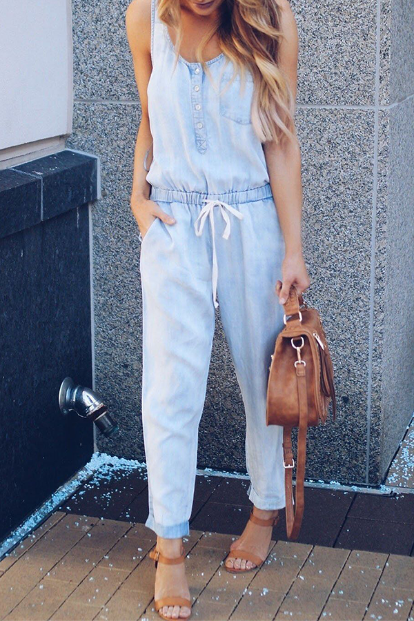 Casual Street Solid Frenulum Buckle U Neck Jumpsuits - Life is Beautiful for You - SheChoic