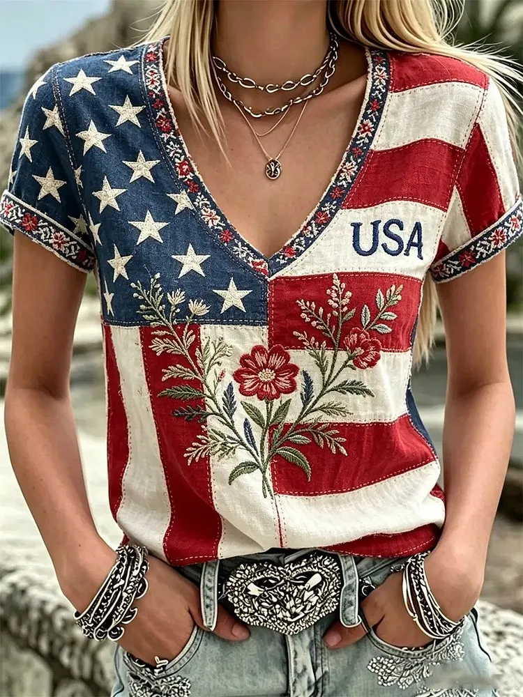 Retro Casual USA 250th Celebration  Printed Casual T-Shirt 