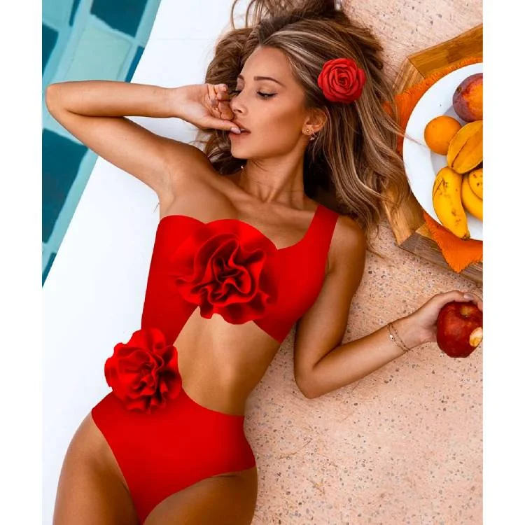 3D Flower Cutout Red One Piece Swimsuit and Sarong