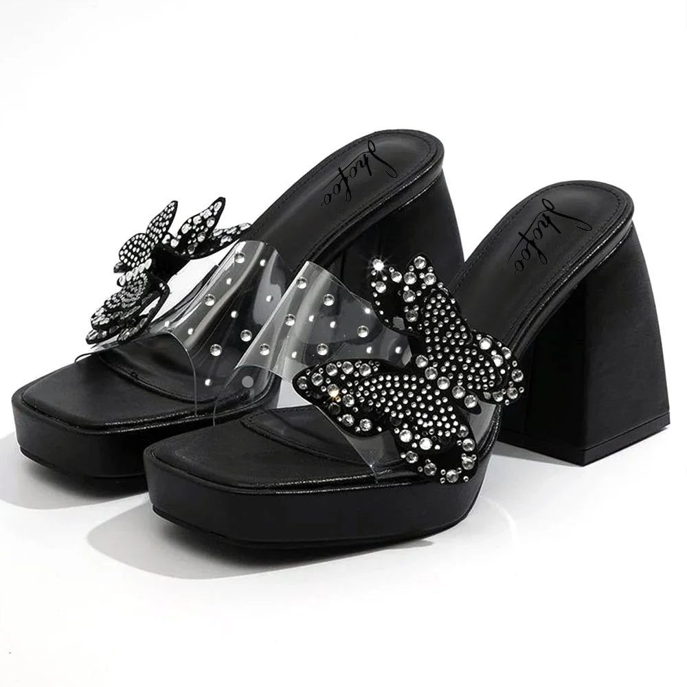 Clear Strap Rhinestone Butterfly Pattern Chunky Heels Nicepairs