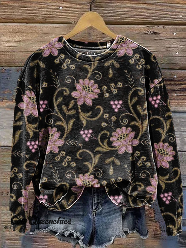 Vintage Floral Art Print Casual Sweatshirt Multicolor / S