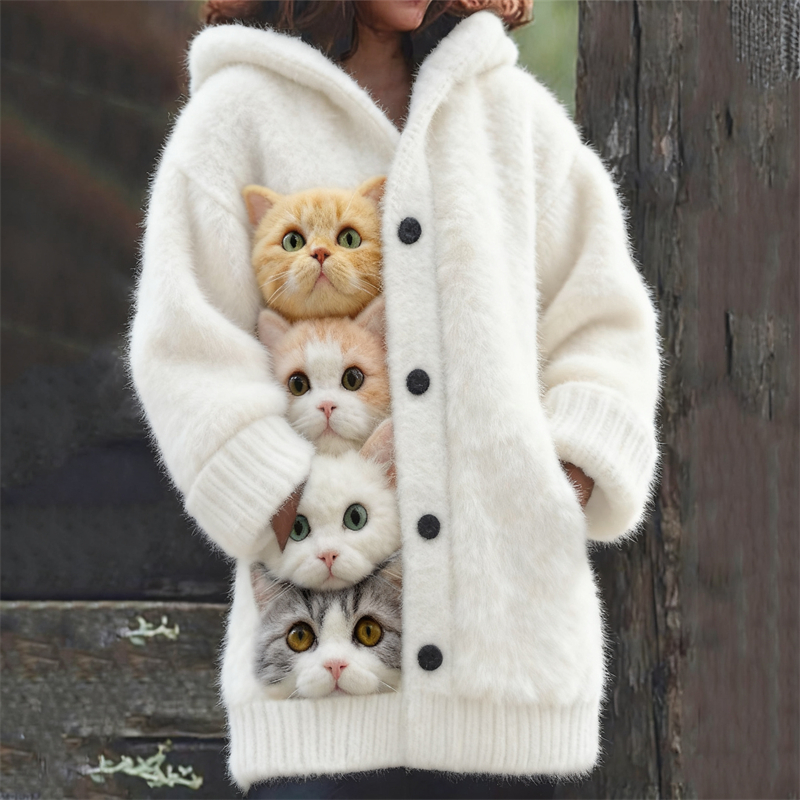 Funny Fuzzy Cats Art Cozy Knit Hooded Cardigan elevenforest
