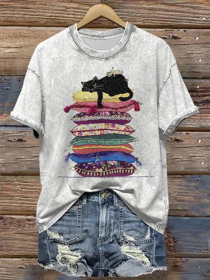 Women's Pillows Black Cat Mouse Print Casual T-Shirt
