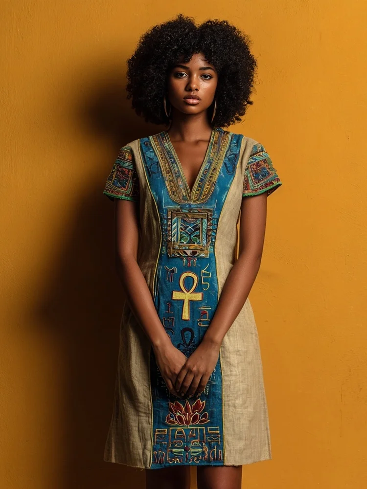 Ancient Egyptian Lotus & Ankh Pattern Linen Midi Dress