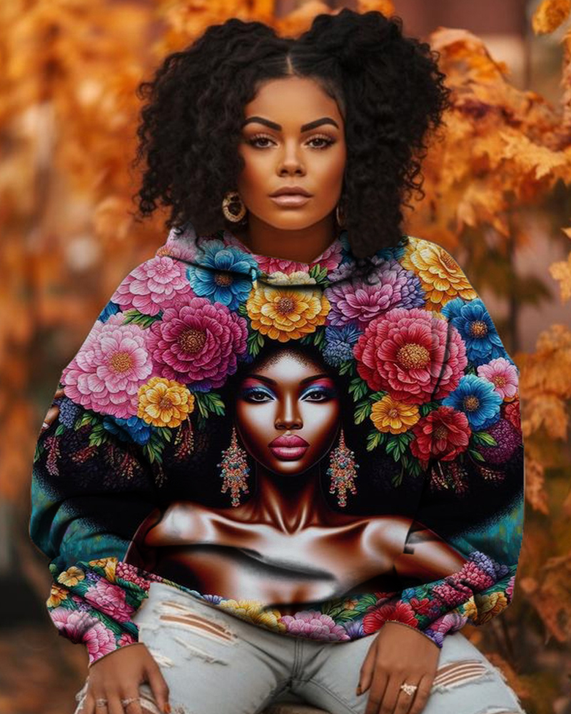 Ethnic Style Art Flower Black Girl Print Hoodie