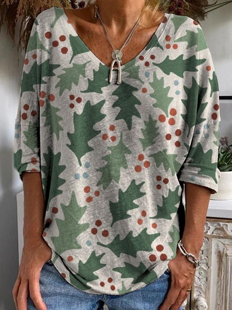 Women's Christmas Holly Printed Half Sleeved V-Neck T-Shirt