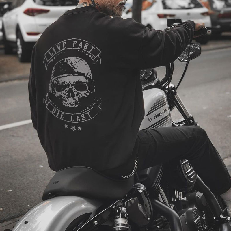 LIVE FAST DIE LAST Skull with Helmet Graphic Black Print Sweatshirt