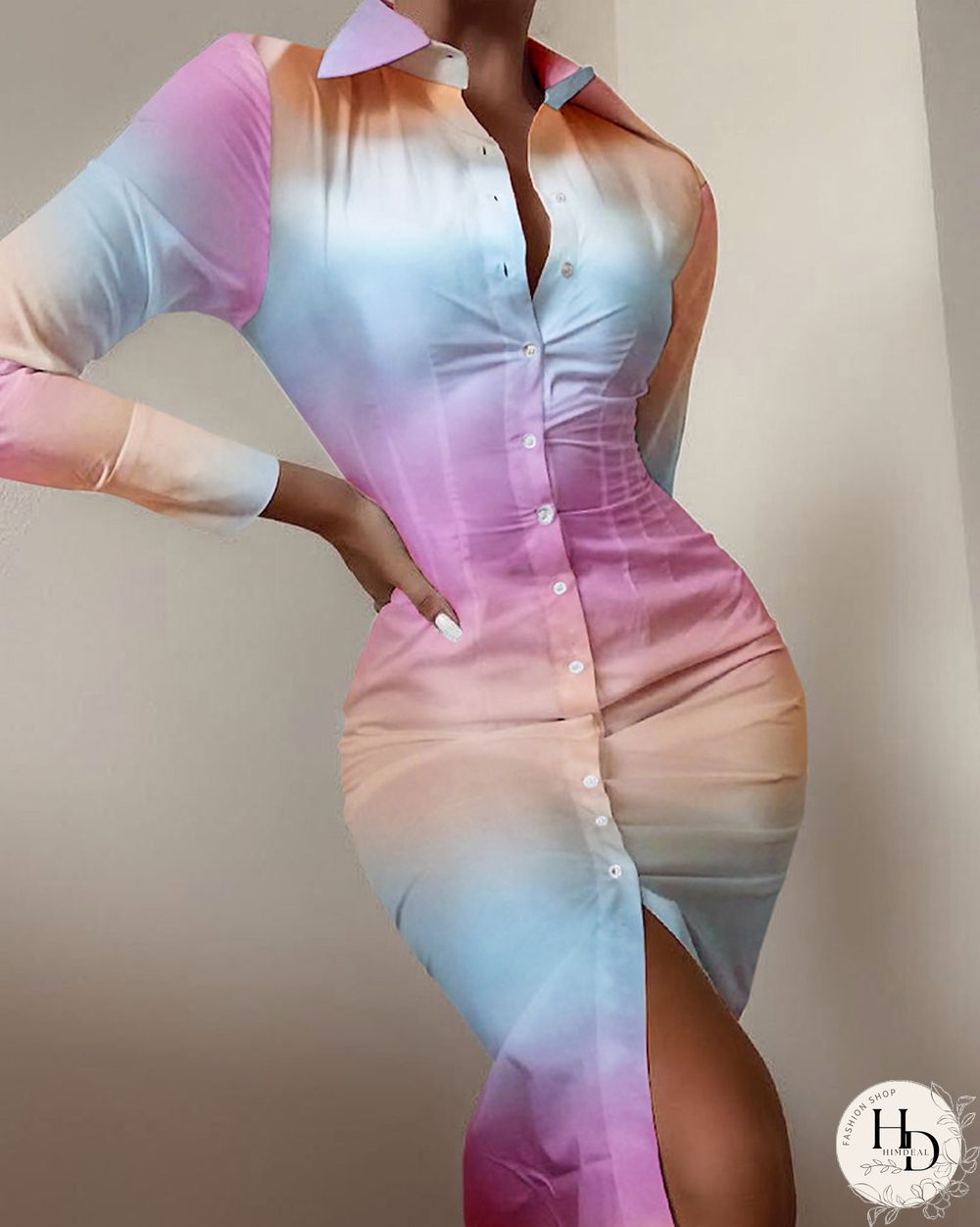 Ombre Colorblock Buttoned Skinny Shirt Dress