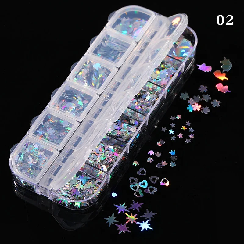 12 Grids Spangles Nail Sequins Aurora AB Nail Flakes Stunning Pailliette Heart Butterfly Spring Sticker Nart Tips Decoration-Nail Inspo