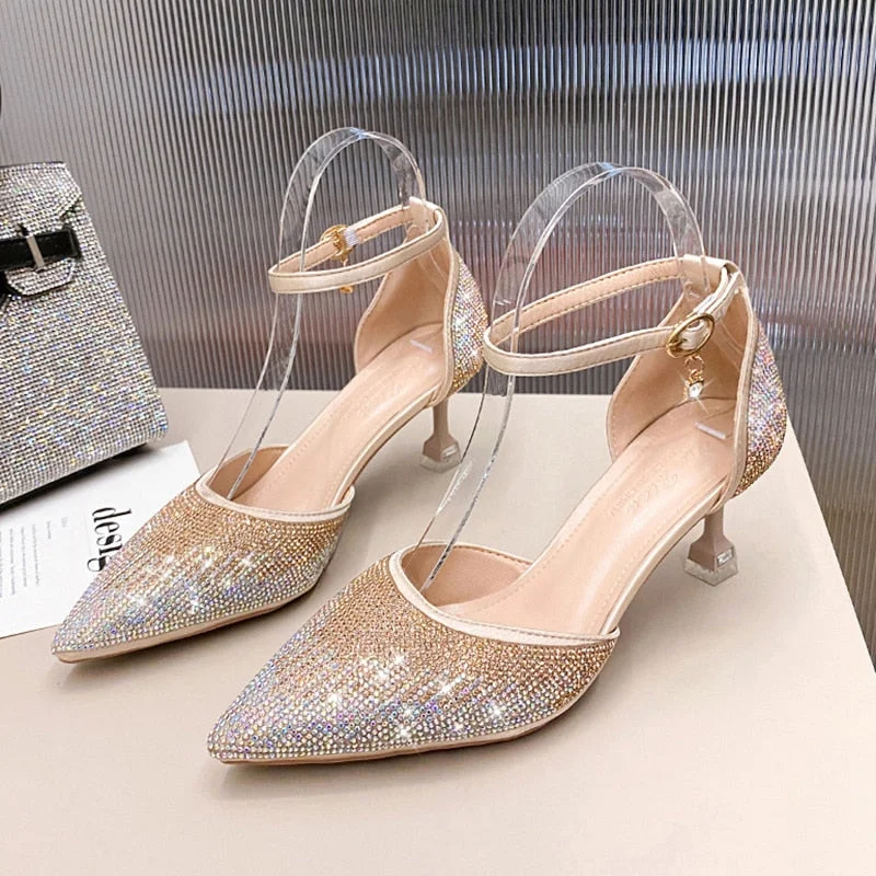 Shining Crystal Gold Pumps For Women 2022 Sexy Ankle Strap High Heels Shoes Woman Pointed Toe Rhinestone Wedding Party Shoes