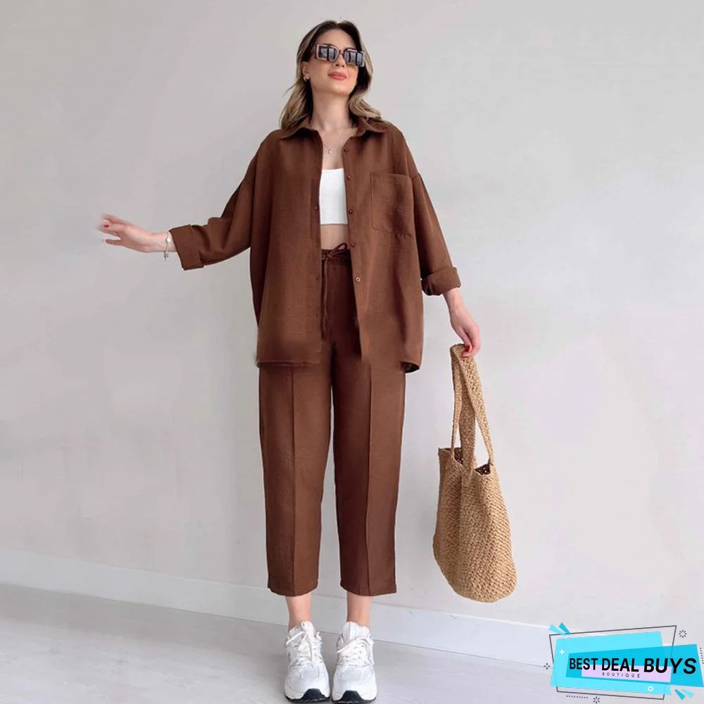 Plus Size Women's Fall Casual Loose Shirt Coat Cropped Sport Harem Pants Two-Piece Set