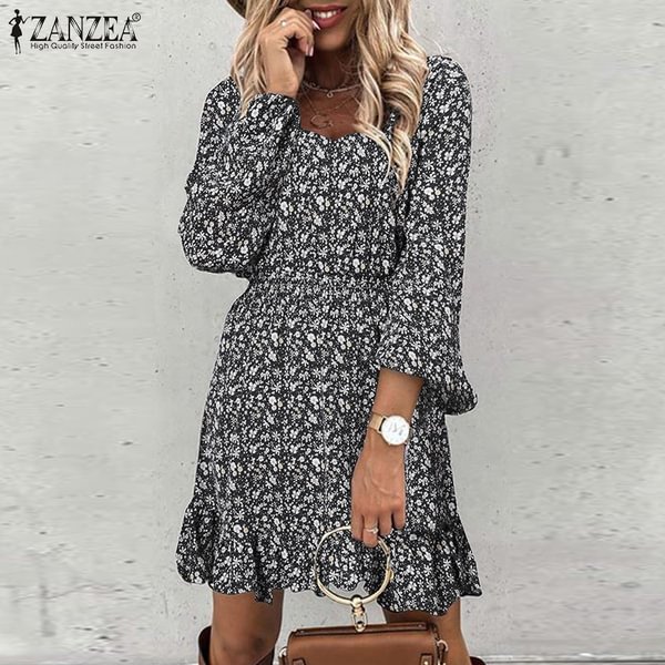 Fashion Women Long Sleeve Vintage Party Sexy Floral Printed Elastic Waist Slim Mini Shirt Dress - Shop Trendy Women's Clothing | LoverChic