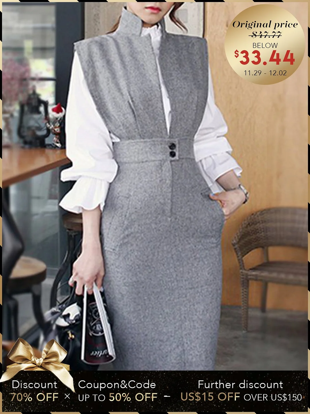 Stand Collar Gray Bodycon Work Elegant Midi Dress