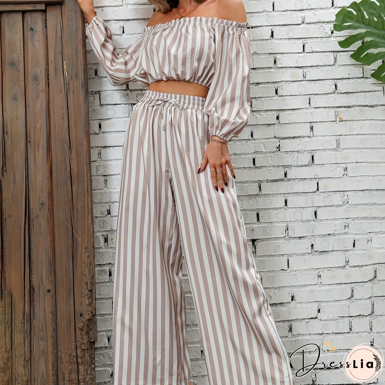 Striped Print Casual Two-piece Set, Off Shoulder Long Sleeve Tops & Wide Leg Drawstring Pants Outfits, Women's Clothing
