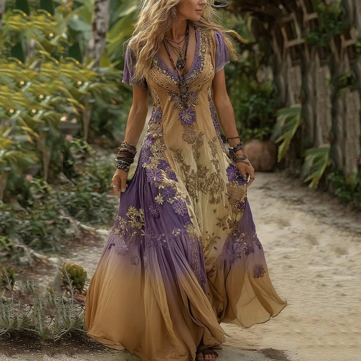 Women's Vintage Floral Embroidery Gradient Pattern V-neck Dress