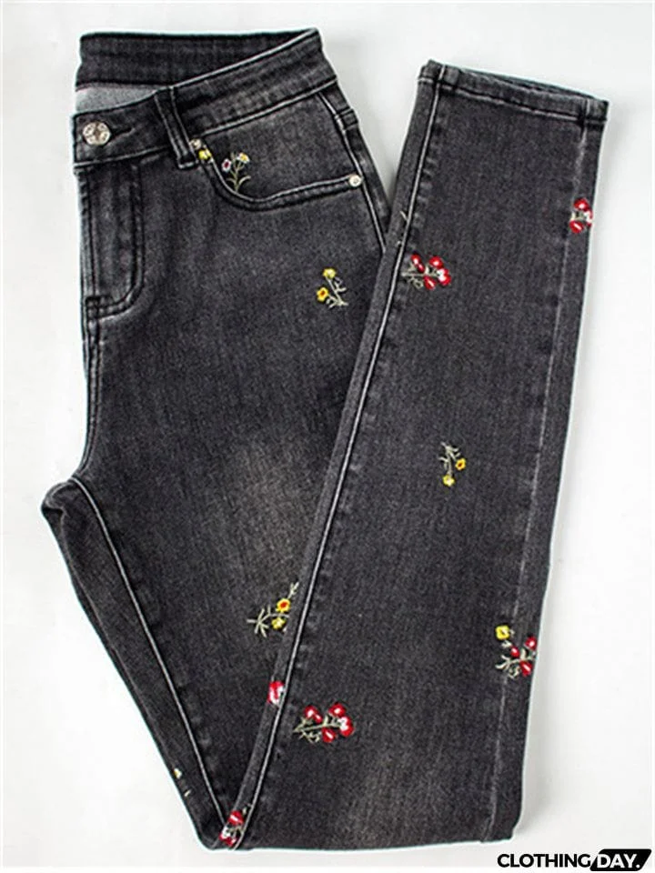 Lovely Small Floral Embroidery Slim Fit Black Denim Jeans for Women