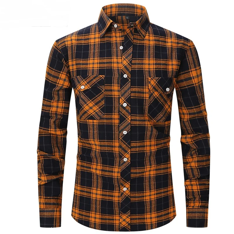 Men's Brown Buffalo Cotton Brushed Plaid Shirt  Oversize Long Sleeve Ture To US Size For Work Wear