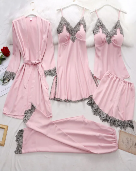 Uveng Simulation Silk Pajamas Lingerie Five-Piece Set Slings Sexy Lady Bathrobe Home Clothes Pajamas