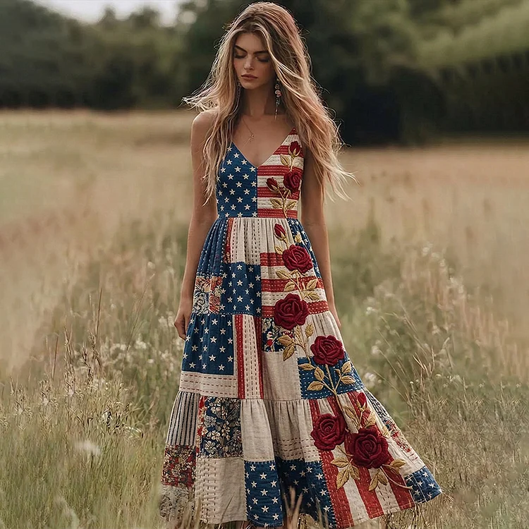 Women's Retro Independence Day Flag Roses Patchwork Art Linen Dress
