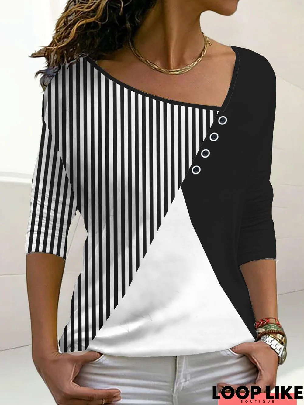 Plain color block stripe loose button top T-shirt