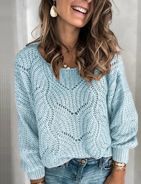 Uveng Uveng Fashion Women Round Collar Hollowed-Out Knit Top Jumper Sweater Women