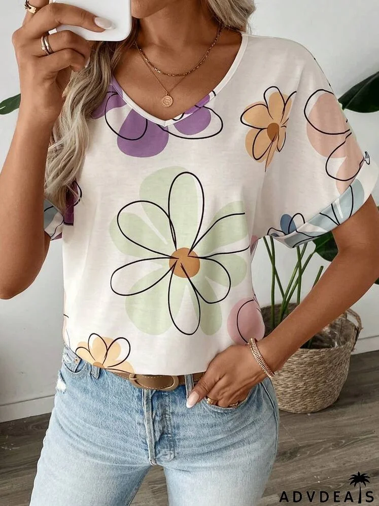 Autumn Casual Street Style Sports & Fashionable Floral Print Women's T-Shirt