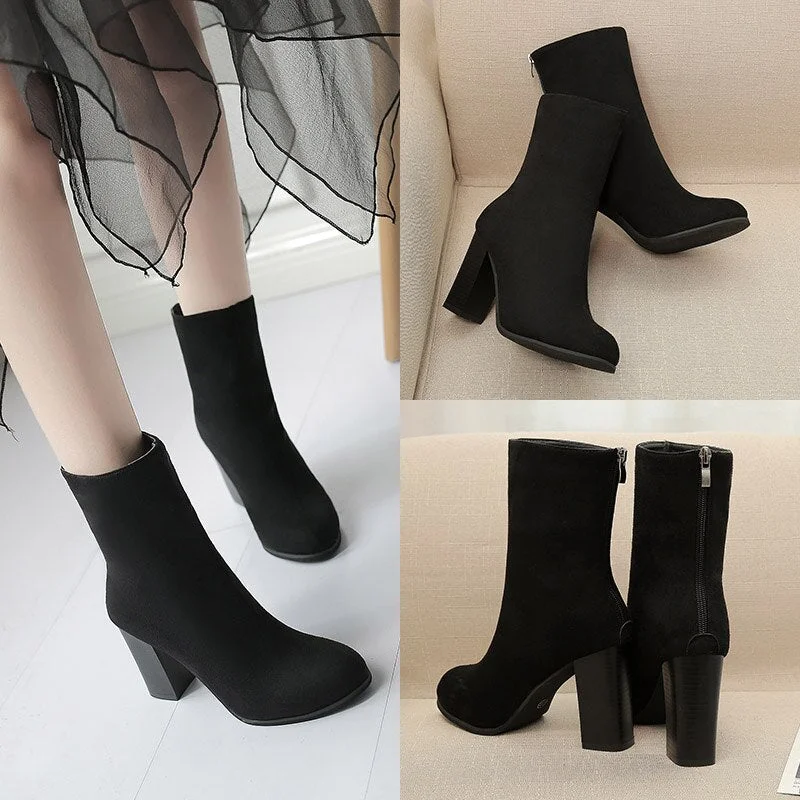 Aphixta Winter Mid-Calf Boots Shoes Women Cow Suede Botas Mujer High Heel Boots Square Heel Zip Ladies Shoes Big Size 43