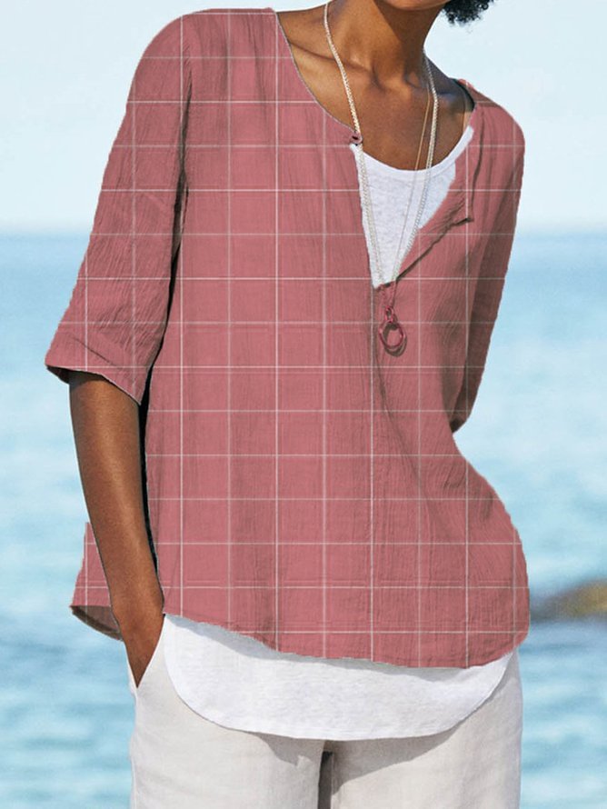 Plaid Half Sleeve Cotton-Blend Casual Shirts & Tops Zaesvini