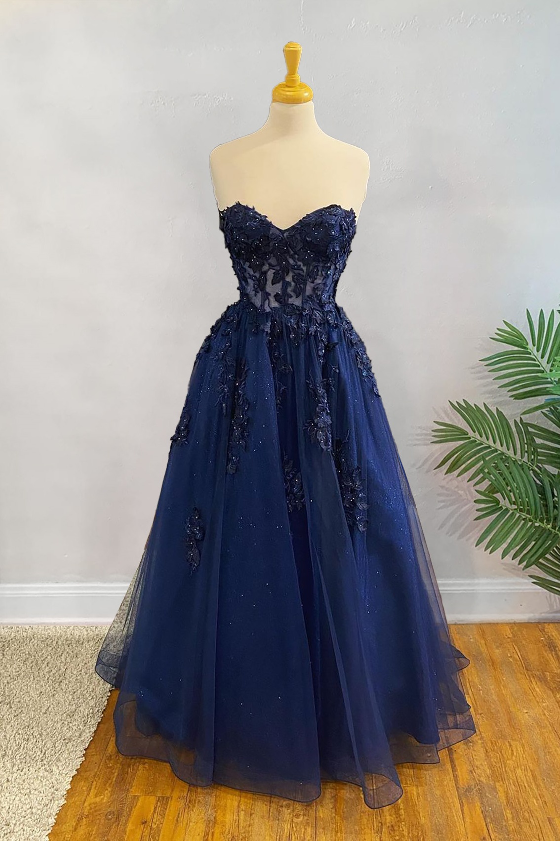 Ovlias Exquisite Blue Strapless Applique Tulle Backless Prom Dress LY0525