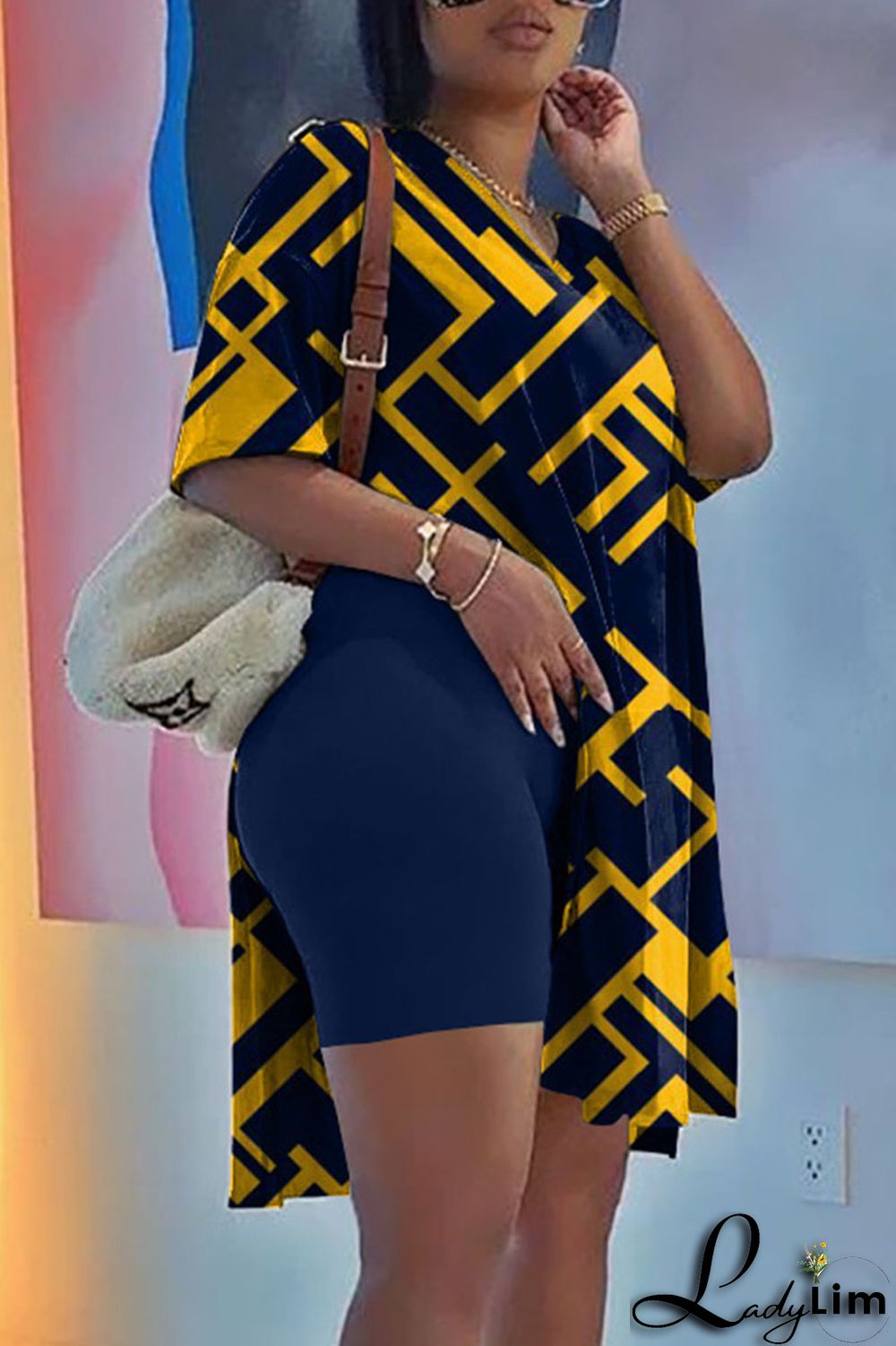 Deep Blue Casual Street Print Patchwork V Neck Short Sleeve Two Pieces