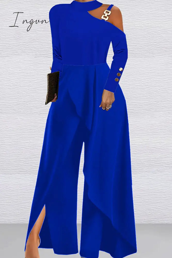 Ingvn - Elegant Solid Patchwork Buttons Metal Accessories Decoration Halter Loose Jumpsuits Royal