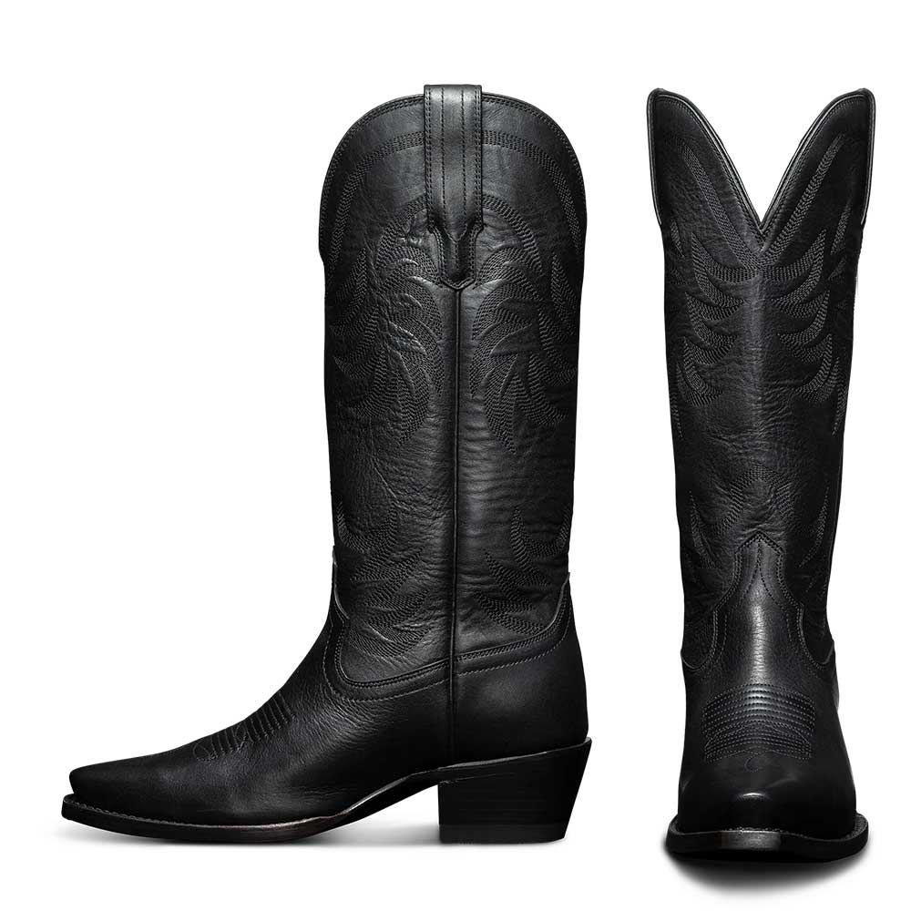 Black Snip Toe Mid-Calf Embroidered Cowgirl Boots with Block Heels