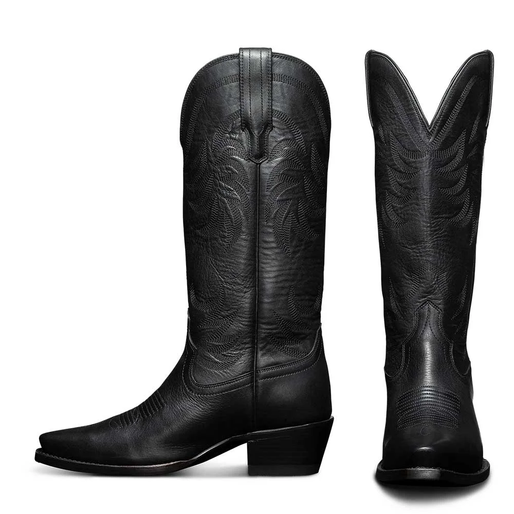 Black Snip Toe Mid-Calf Embroidered Cowgirl Boots with Block Heels Nicepairs