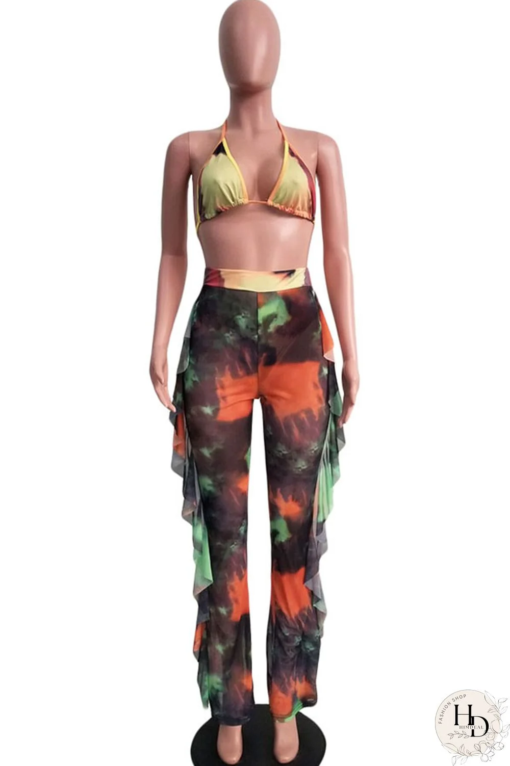 Army Green Sexy Fashion Stringy selvedge Print Tie Dye Patchwork Loose Sleeveless