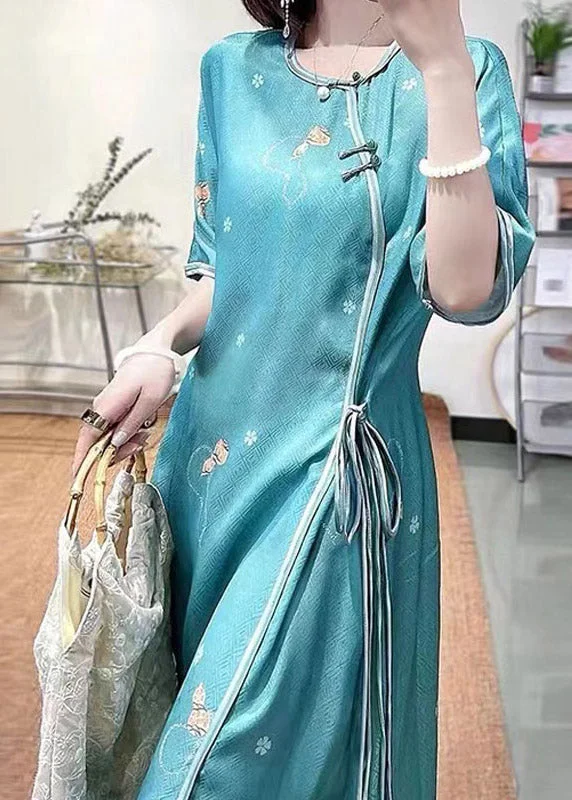 Sexy Green O-Neck Embroideried Floral Side Open Tie Waist Button Silk Long Dresses Half Sleeve