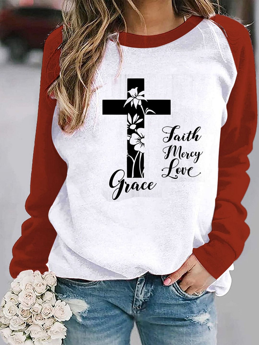 Women's Faith Love Peace Print Crew Neck Long Sleeve Print Sweatshirt