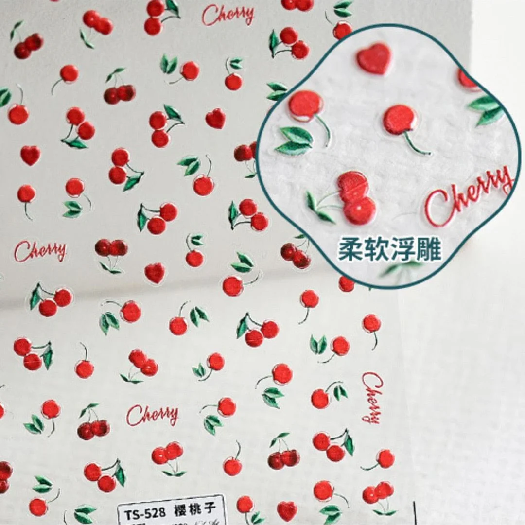Beautizon Cherry Peach Fruit Cute Image Quality 3D Engraved Nail Stickers Nail Art Decorations Nail Decals Design