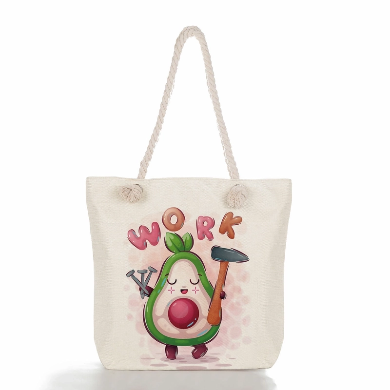 Women's Medium Linen Fruit Cute Classic Style Square Zipper Tote Bag Beach Bag