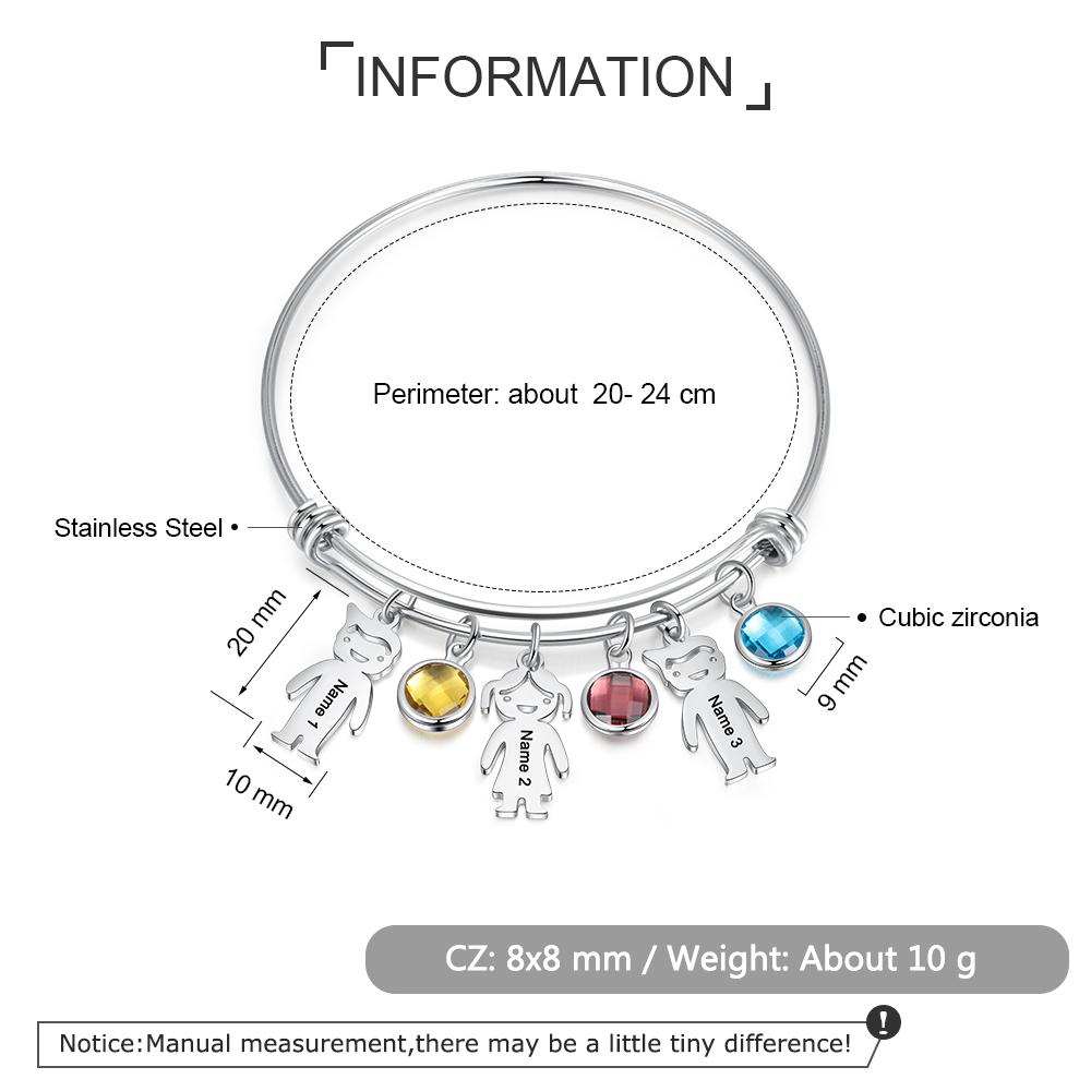 Bangle Bracelet with Kids Charms Persoanlized with 4 Birthstone Custom Bracelets Rose Box Set