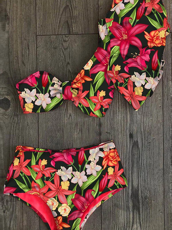 Flower Printed One-Shoulder Falbala High-Waisted Bikini Swimsuit