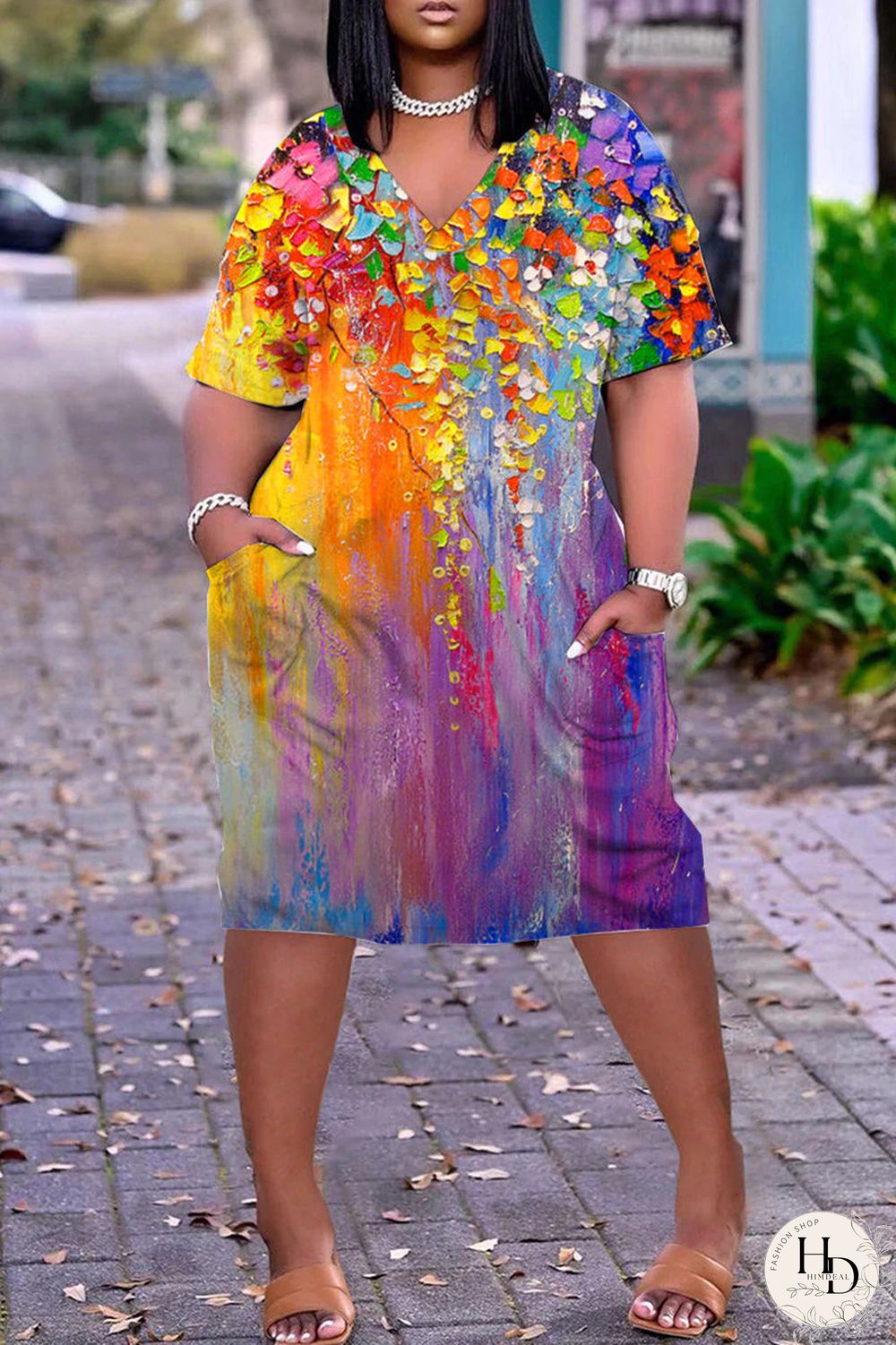 Blue Casual Print Basic V Neck Short Sleeve Dress Dresses