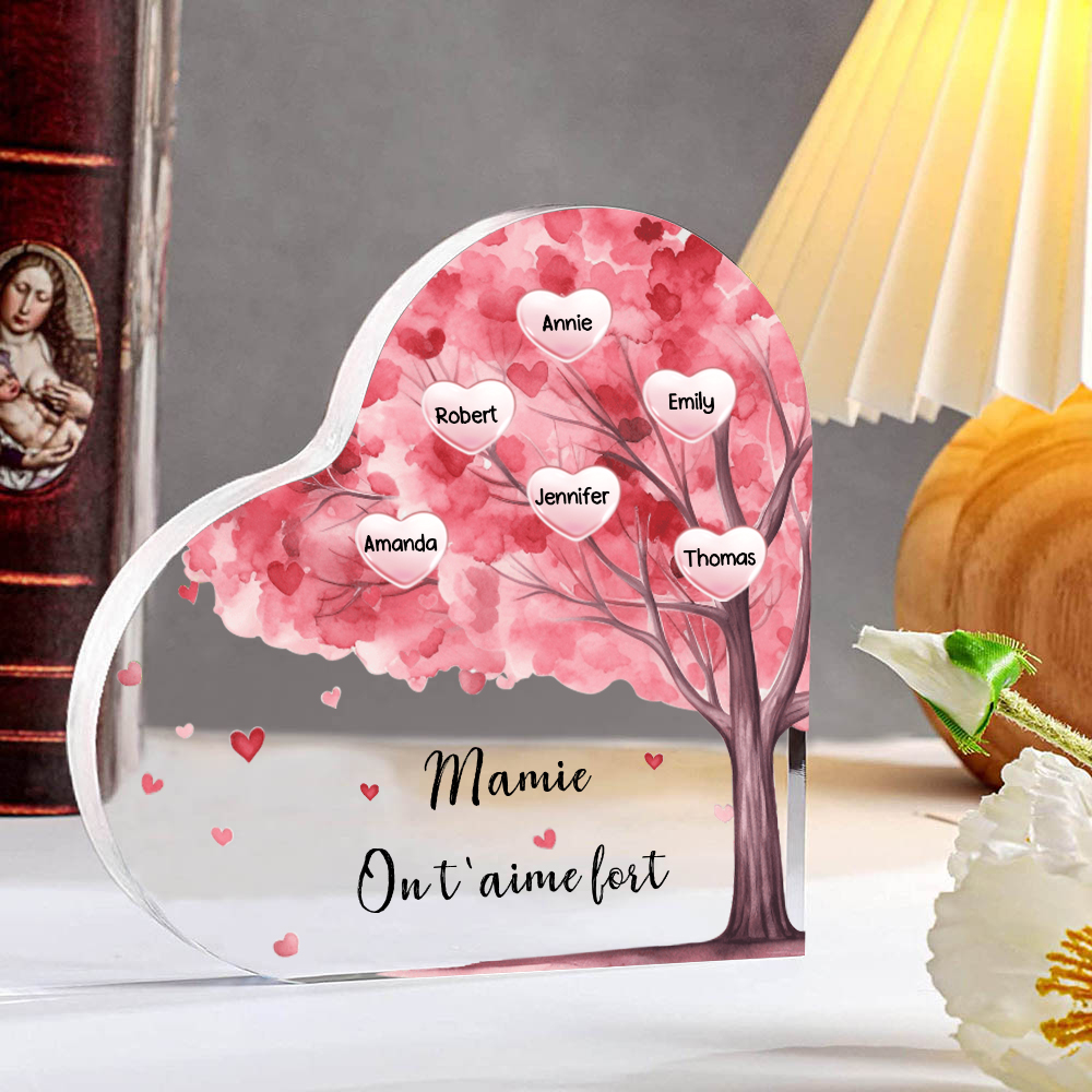 À ma Maman/Mamie - Plaque Acrylique Arbre en Forme de Cœur 6 Prénoms Personnalisés avec 1 Texte