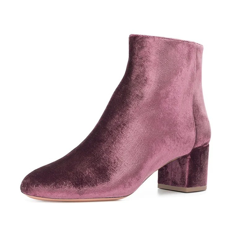 Dark Pink Velvet Booties Round Toe Chunky Heel Fashion Ankle Boots |FSJ Shoes