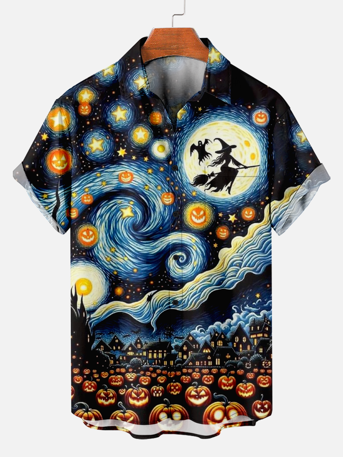 Men's Halloween Starry Sky and Witch Print Shirt PLUSCLOTHESMAN